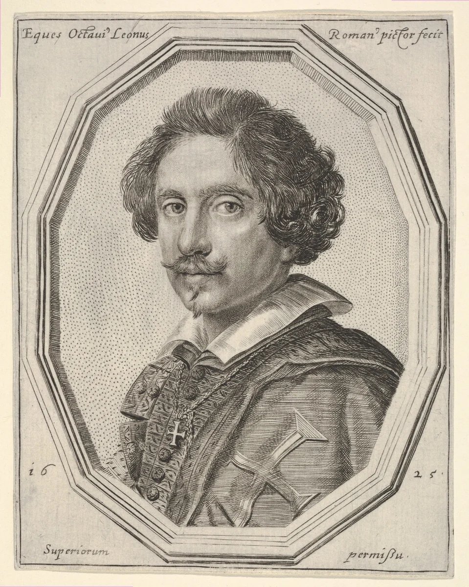 Knight of Malta (self-portrait?), a bust-length portrait in a twelve-sided frame by Ottavio Leoni, print, 1625