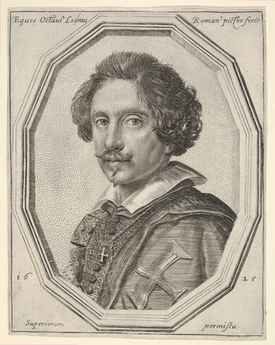 Knight of Malta (self-portrait?), a bust-length portrait in a twelve-sided frame by Ottavio Leoni, print, 1625