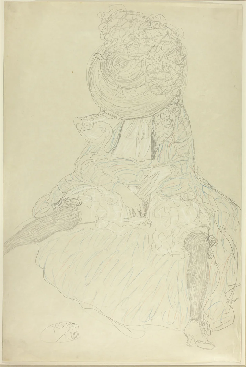 Seated Woman from the Front with Hat, Face Hooded by Gustav Klimt, drawing, 1910