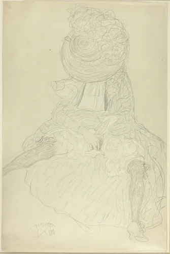 Seated Woman from the Front with Hat, Face Hooded by Gustav Klimt, drawing, 1910