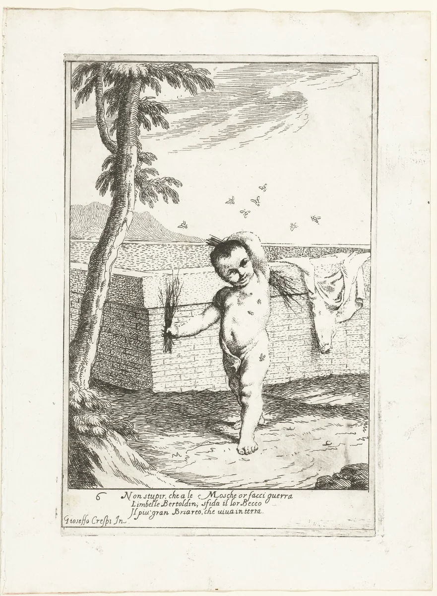Bertoldino slaat de vliegen af zich af by Giuseppe Maria Crespi, print, 1710-1715