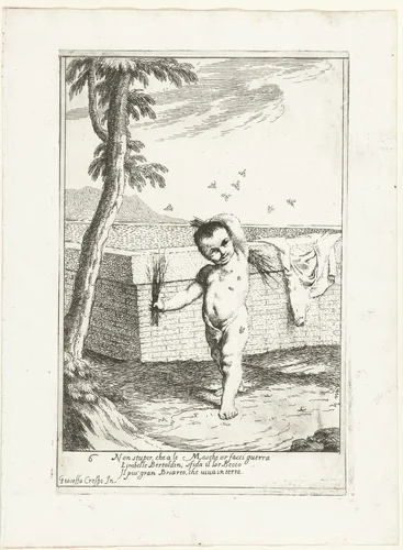 Bertoldino slaat de vliegen af zich af by Giuseppe Maria Crespi, print, 1710-1715