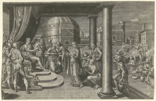 Salomo en de koningin van Seba by Unknown, print, 1557