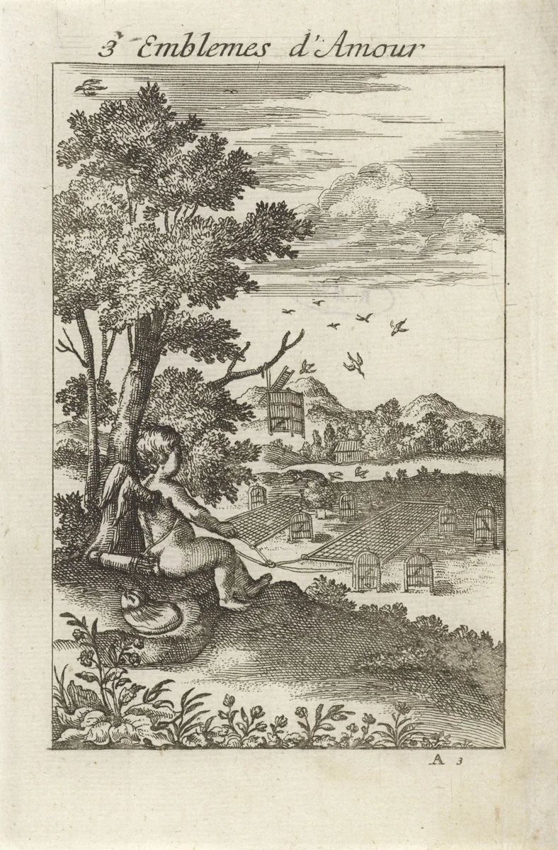 Amor bij een vogelval by Jan van Vianen, print, 1686
