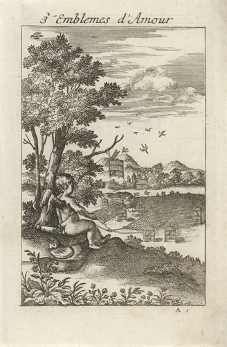 Amor bij een vogelval by Jan van Vianen, print, 1686