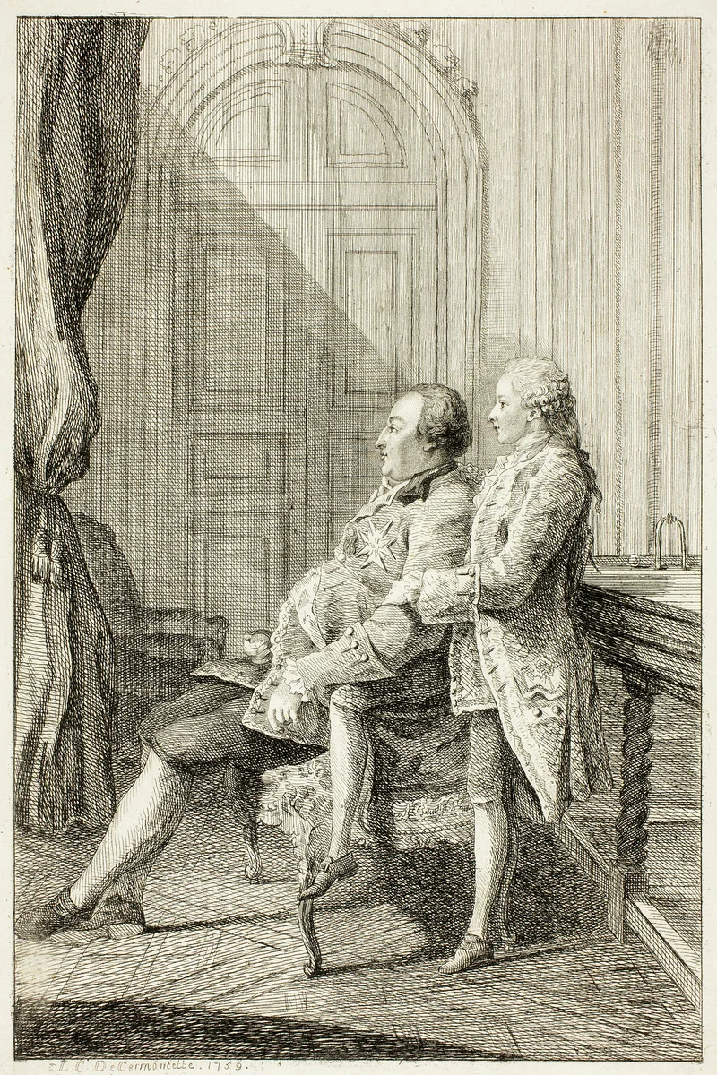 The Duc d’Orléans, and His Son by Louis de Carmontelle, print, 1759
