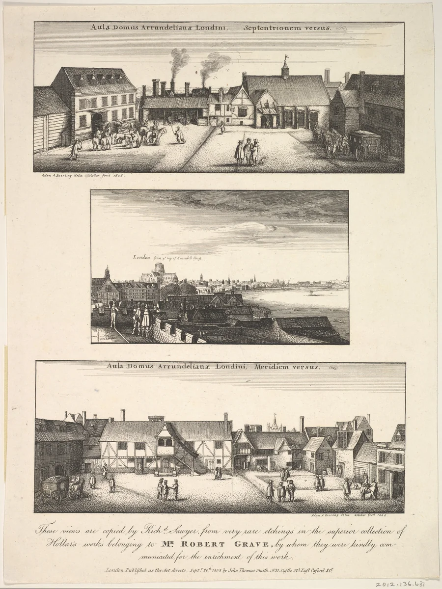 Two Views of Arundel House and London and the Thames as seen from the roof of Arundel House in 1646 by Richard Sayer, print, 1808
