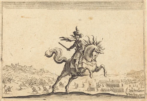 Military Commander on Horseback by Jacques Callot, print, 1622
