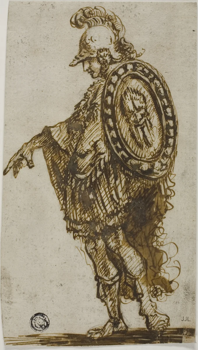 Standing Warrior with Shield by Stefano della Bella, drawing, 1750