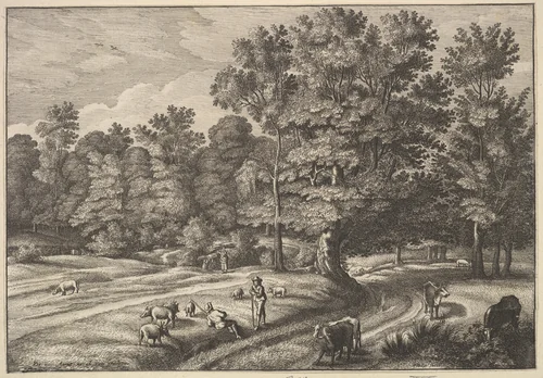Pigherder and Cowherd Conversing in a Clearing by Wenceslaus Hollar, print, 1648-1650