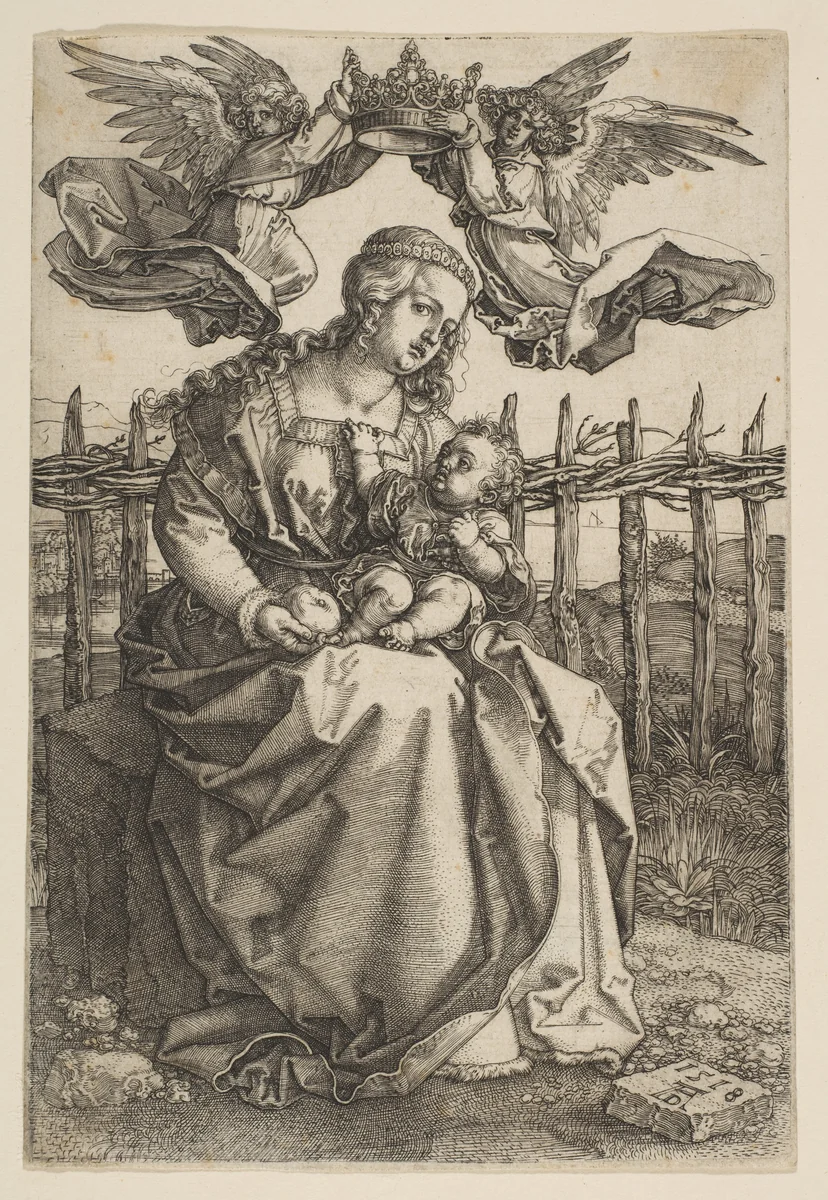 Virgin and Child Crowned by Two Angels by Albrecht Dürer, print, 1518