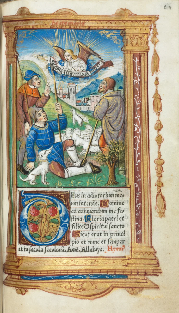 Printed Book of Hours (Use of Rome): fol. 36r, Annunciation to the Shepherds by Guillaume Le Rouge, book, 1510