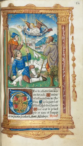 Printed Book of Hours (Use of Rome): fol. 36r, Annunciation to the Shepherds by Guillaume Le Rouge, book, 1510