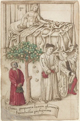 An Ape in Purple with a Sick Man, a Good Man, and a Miser [fol. 36 verso] by French early 16th Century, drawing, 1512-1515