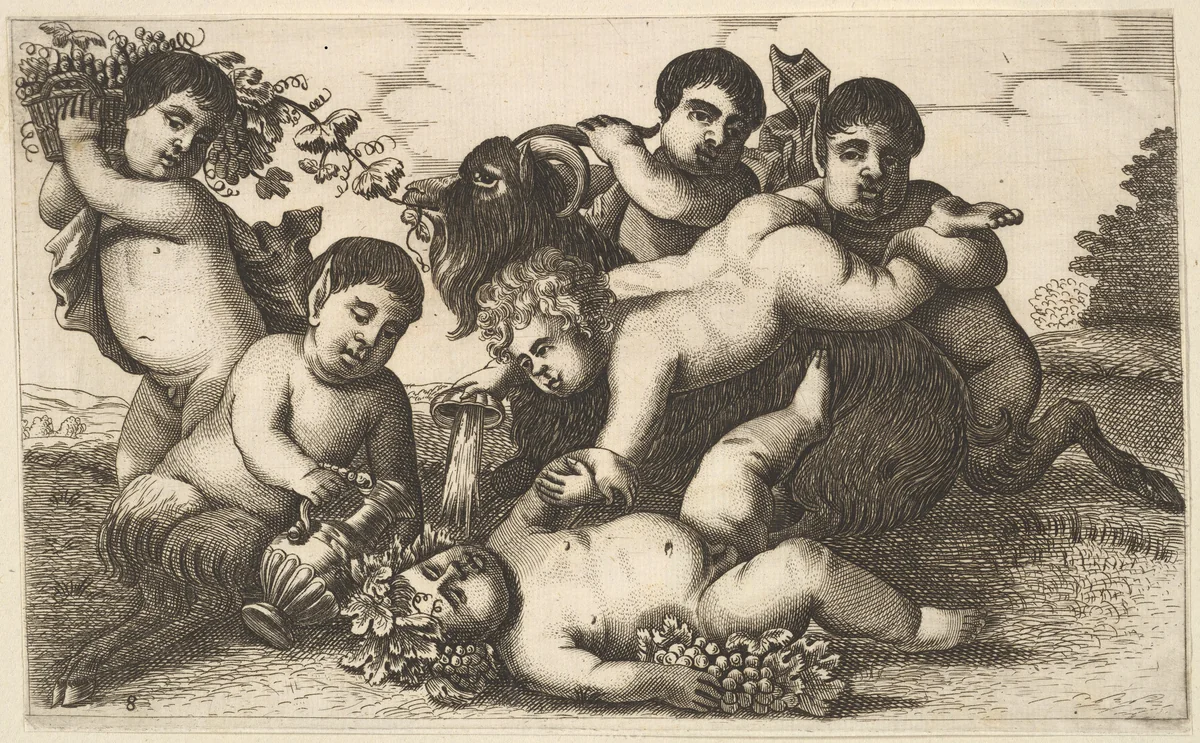 Four boys, two satyrs, and a goat (copy in reverse) by Wenceslaus Hollar, print, 1650-1700