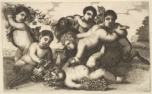 Four boys, two satyrs, and a goat (copy in reverse) by Wenceslaus Hollar, print, 1650-1700
