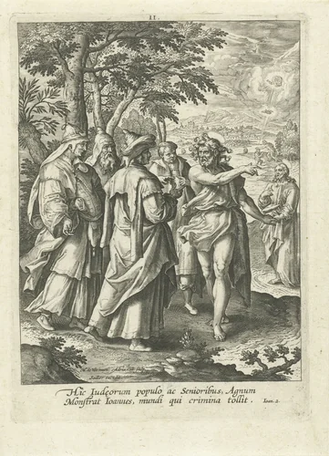 Johannes de Doper wijst mensen op Christus by Unknown, print, 1583-1588