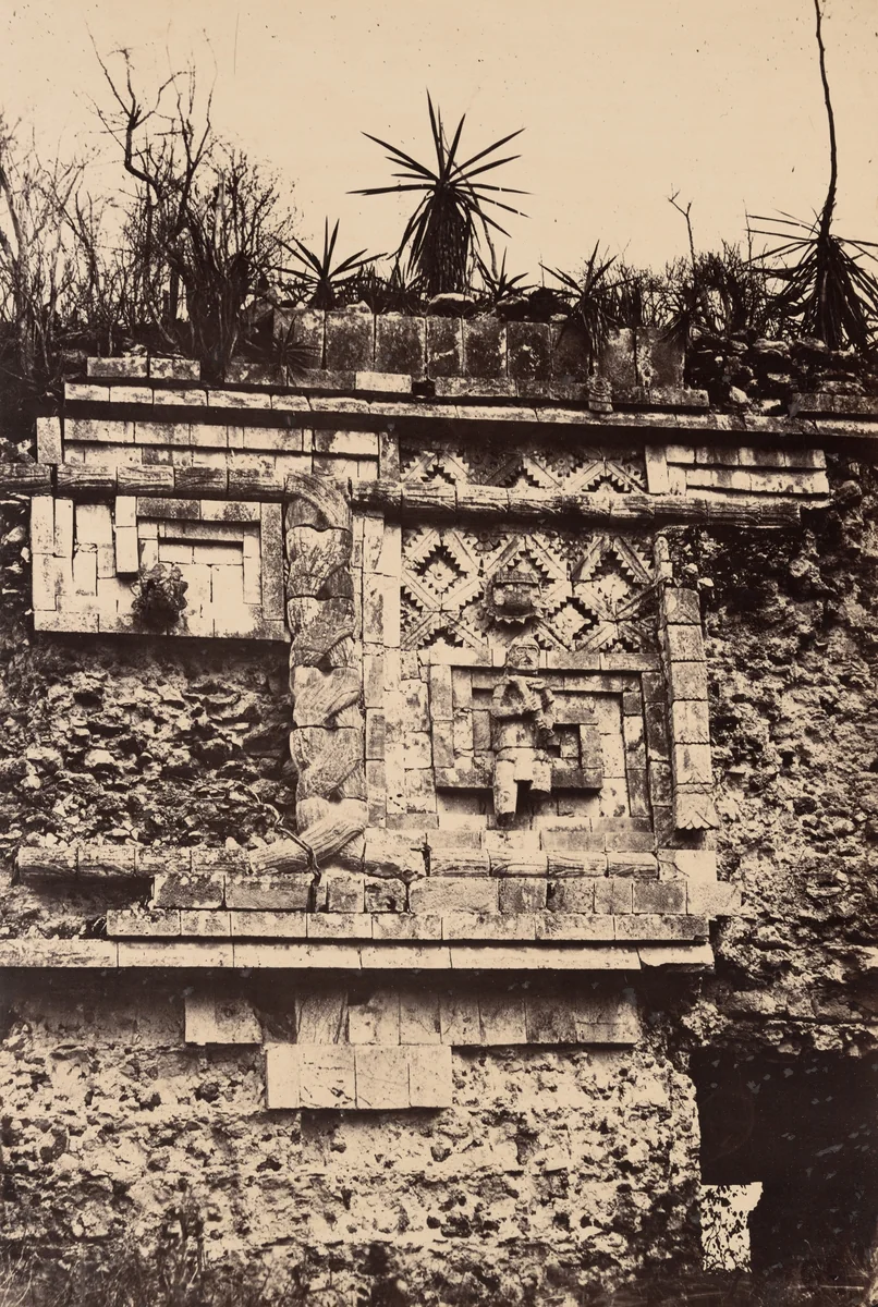 Uxmal, Indian Bas Relief, Nun's Palace (Uxmal, Bas Relief de l'Indien, Palais des Nonnes), plate 44 from the album "Cités et Ruines Américaines, Gide Paris" (1863) by Désiré Charnay, photograph, 1860