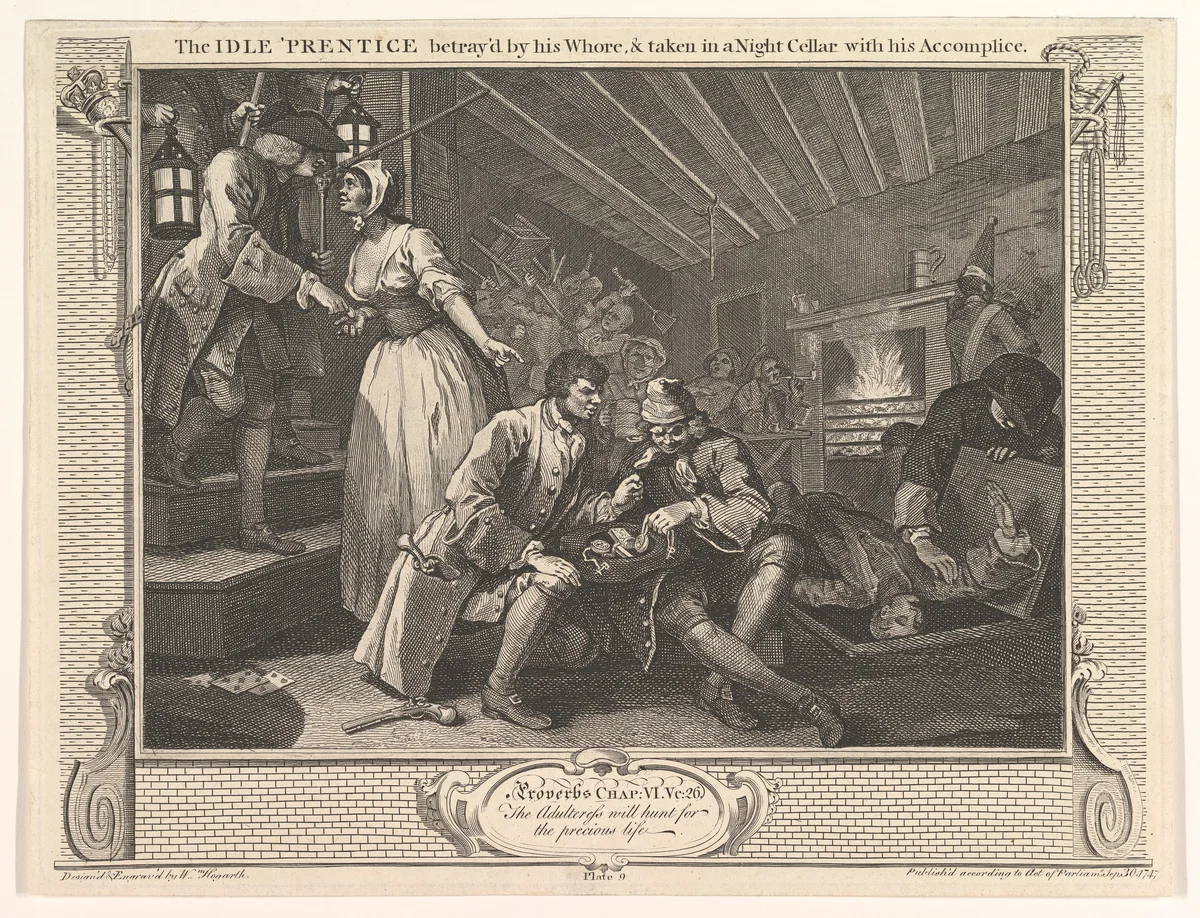 The Idle 'Prentice Betrayed by his Whore and Taken in a Night Cellar with his Accomplice (Industry and Idleness, plate 9) by William Hogarth, print, 1747