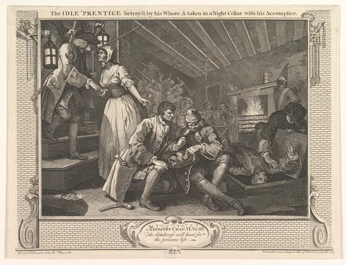 The Idle 'Prentice Betrayed by his Whore and Taken in a Night Cellar with his Accomplice (Industry and Idleness, plate 9) by William Hogarth, print, 1747
