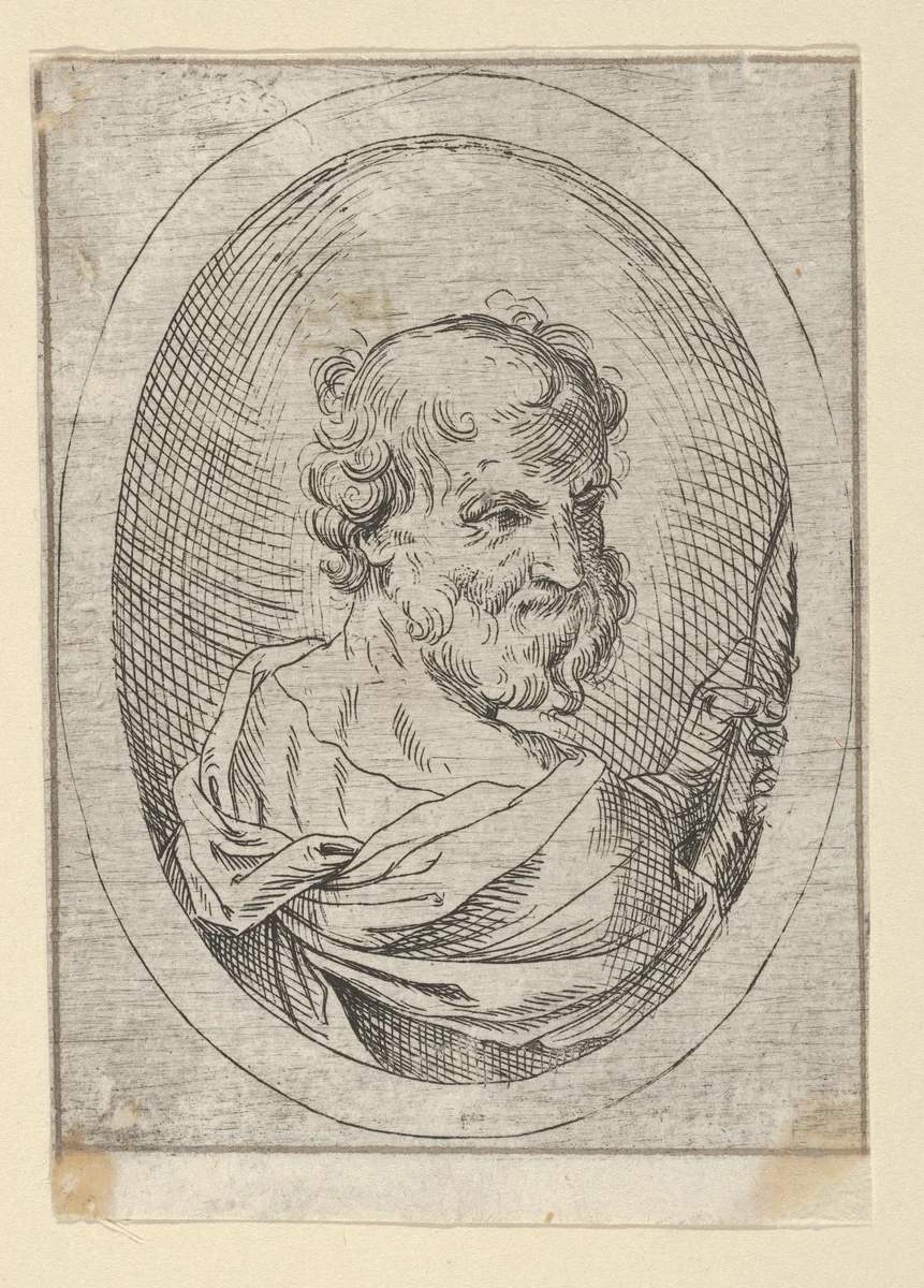 Saint Simon seen from behind, turning to the right and holding a saw, in an oval frame, from "Christ, the Virgin, and Thirteen Apostles" by anonymous, print, 1600-1640