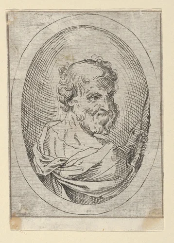 Saint Simon seen from behind, turning to the right and holding a saw, in an oval frame, from "Christ, the Virgin, and Thirteen Apostles" by anonymous, print, 1600-1640