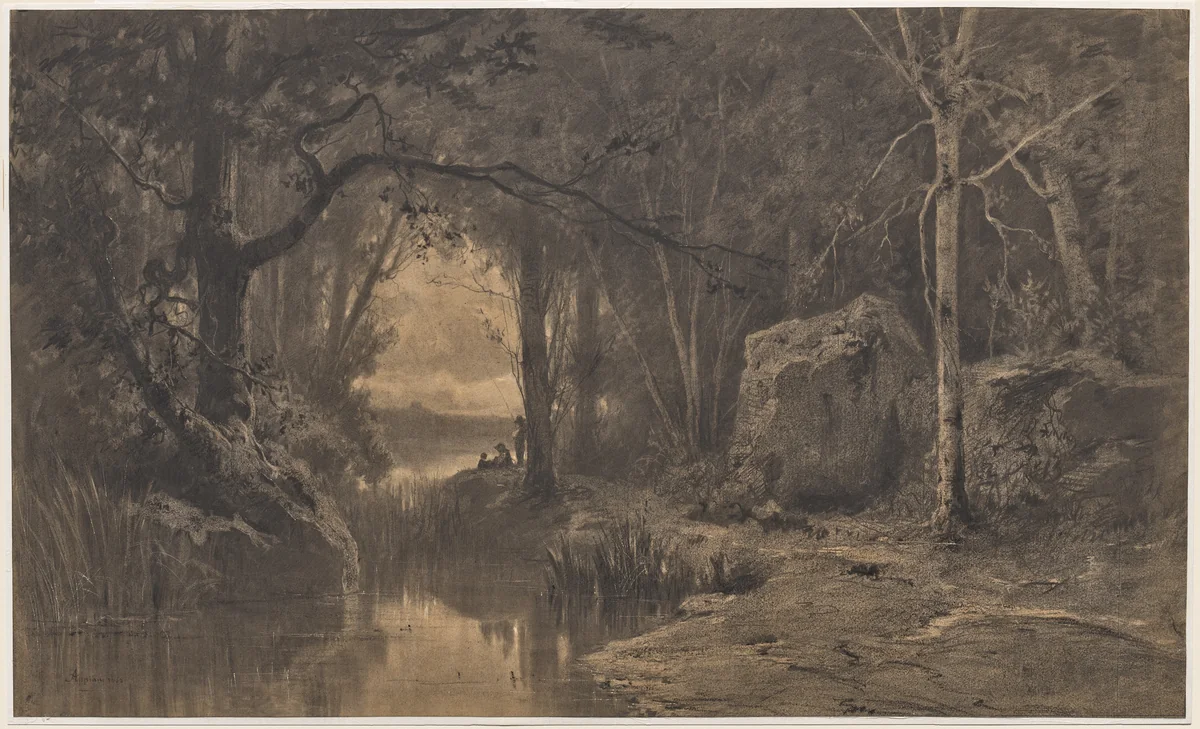 Three Fishermen Along the Banks of a River at the Edge of a Forest by Adolphe Appian, drawing, 1868
