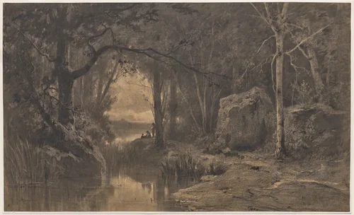 Three Fishermen Along the Banks of a River at the Edge of a Forest by Adolphe Appian, drawing, 1868