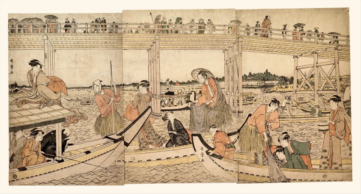 Fishing Boats with Nets under Ryōgoku Bridge by Kitagawa Utamaro (喜多川歌麿), print, 1790-1800