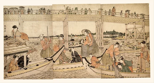Fishing Boats with Nets under Ryōgoku Bridge by Kitagawa Utamaro (喜多川歌麿), print, 1790-1800