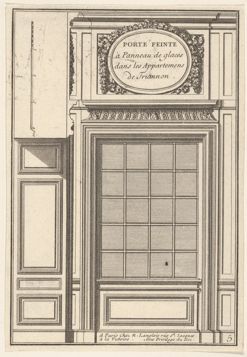 Hidden Door covered with a Mirror in the Trianon Palace, plate V from "Portes a Placard et Lambris" by Jean Le Pautre, print, 1618-1682