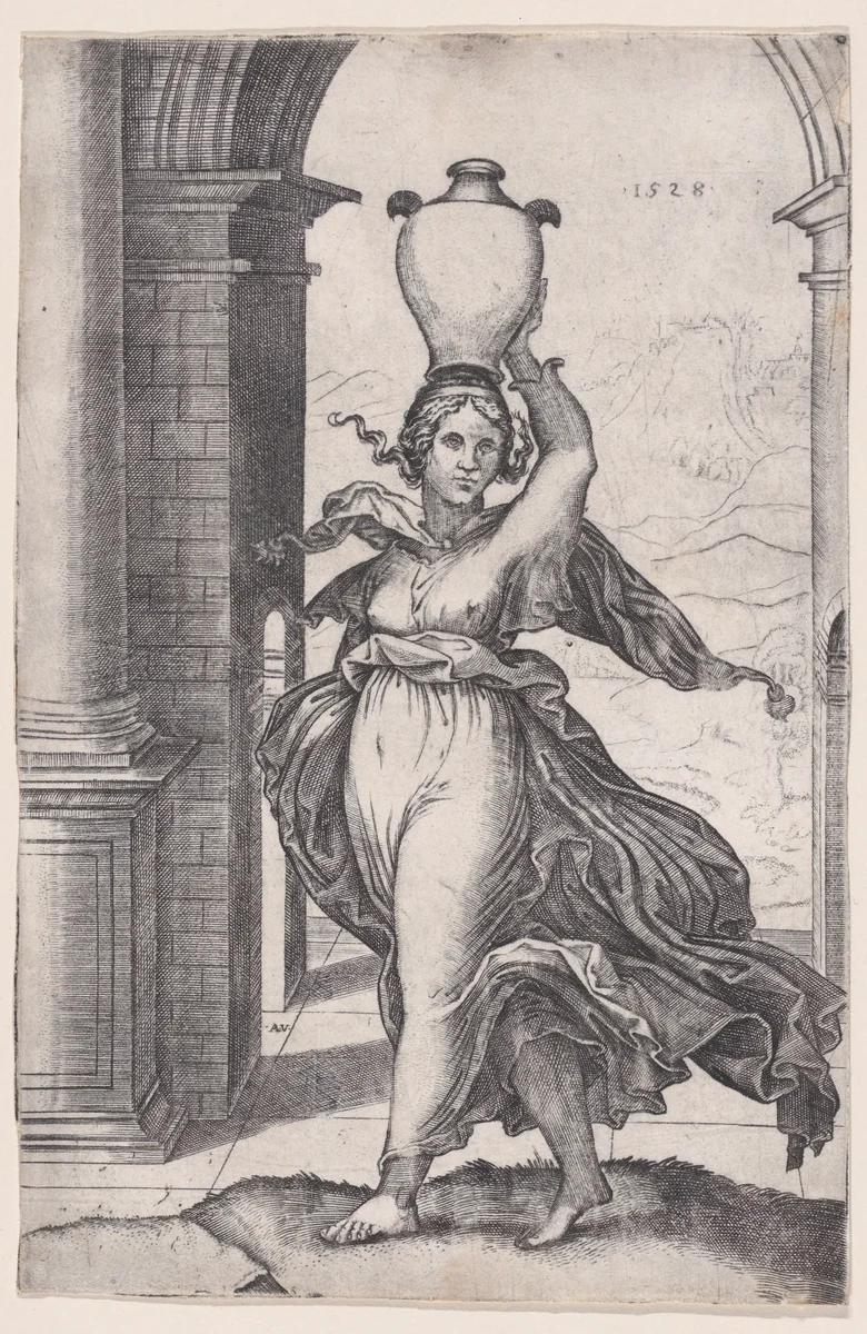 Woman Carring a Vase on Her Head by Agostino Veneziano, print, 1523-1533