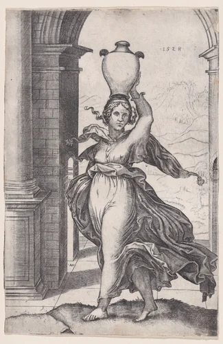 Woman Carring a Vase on Her Head by Agostino Veneziano, print, 1523-1533