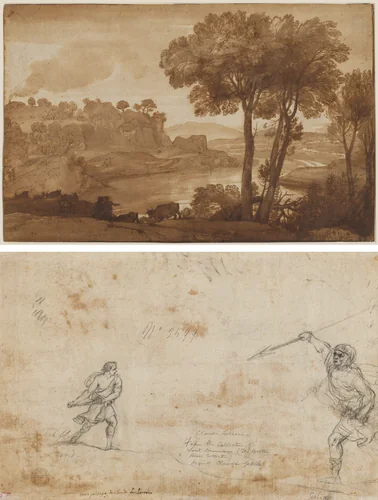 View of the Acqua Acetosa (recto); David and Goliath (verso) by Claude Lorrain, drawing, 1640-1650