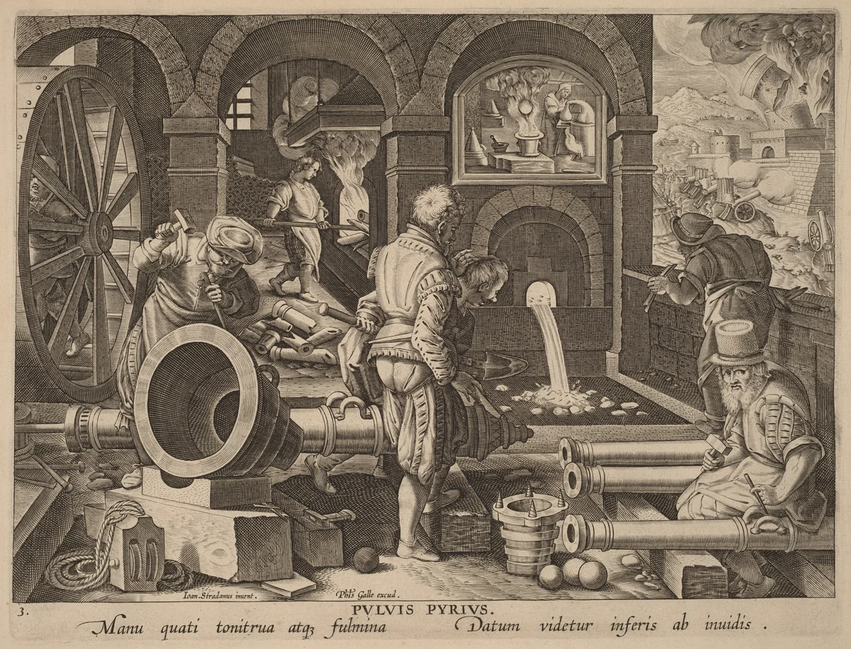 Pulvis Pyrius (Gunpowder) by Philip Galle, print, 1585-1595