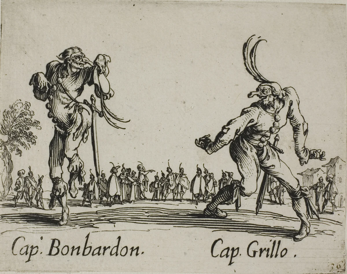 Capitano Bonbardon - Capitano Grillo, plate 13 from Balli di Sfessania by Jacques Callot, print, 1617-1627