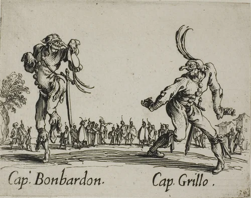 Capitano Bonbardon - Capitano Grillo, plate 13 from Balli di Sfessania by Jacques Callot, print, 1617-1627