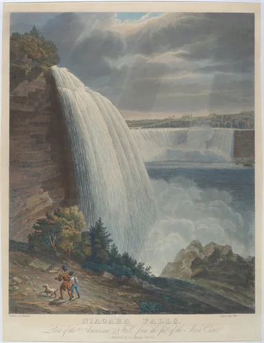 Niagara Falls from Foot of Staircase by John Hill; William James Bennett; Henry J. Megarey, print, 1829