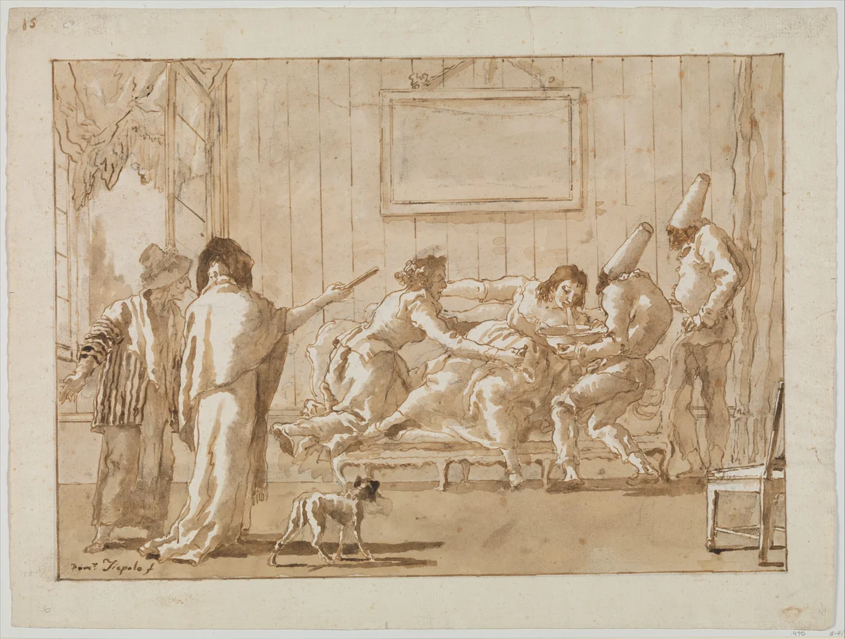 Punchinello's Mother (?) Sick in Pregnancy by Giovanni Domenico Tiepolo, drawing, 1800-1804