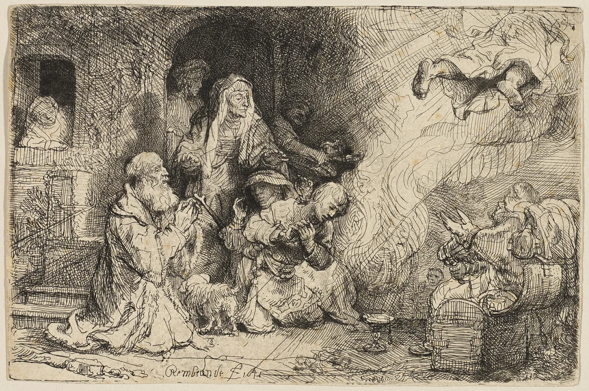 The Angel Departing from the Family of Tobias by Rembrandt van Rijn, print, 1641