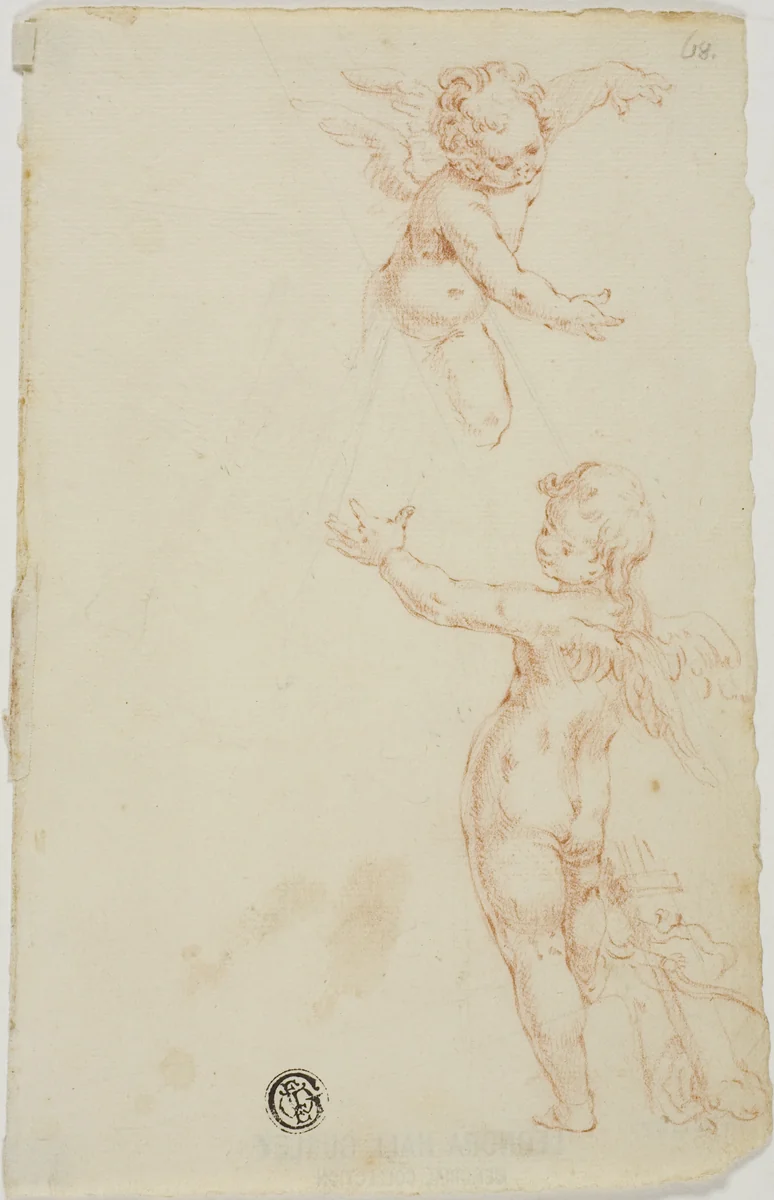 Two Winged Putti, One Flying by Unknown Artist, drawing, 1700-1799