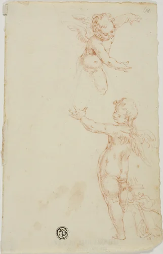 Two Winged Putti, One Flying by Unknown Artist, drawing, 1700-1799
