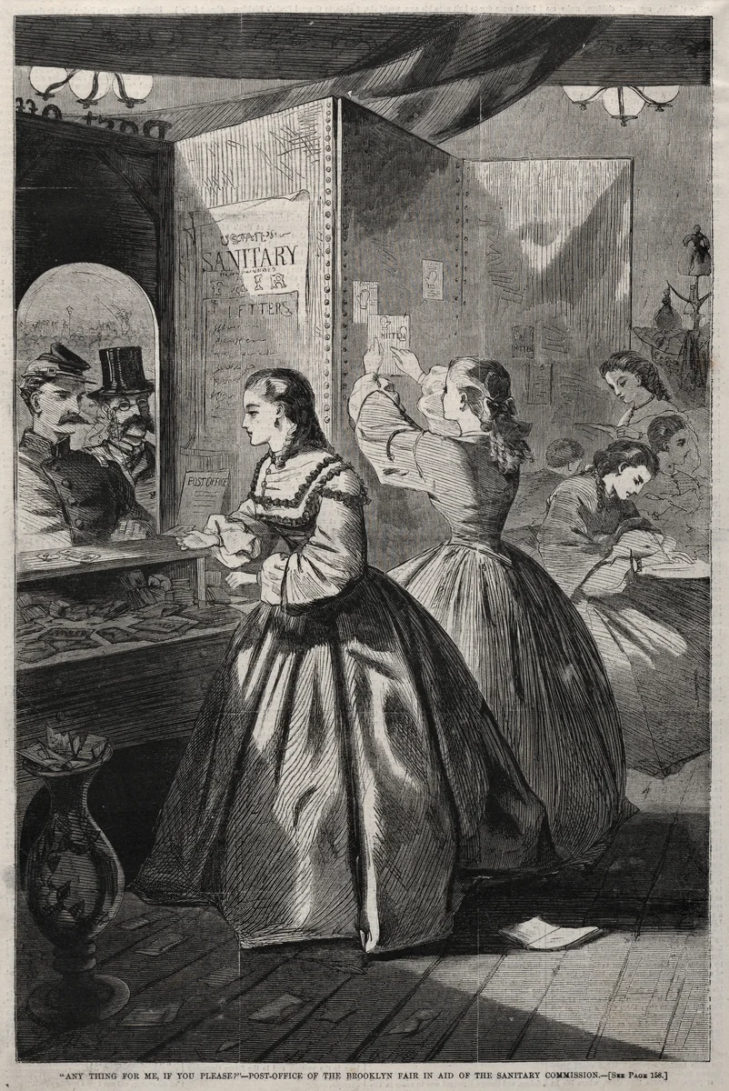 "Any Thing for Me, If you Please?" - Post-Office of the Brooklyn Fair in Aid of the Sanitary Commission by Winslow Homer, print, 1864