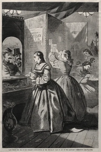 "Any Thing for Me, If you Please?" - Post-Office of the Brooklyn Fair in Aid of the Sanitary Commission by Winslow Homer, print, 1864