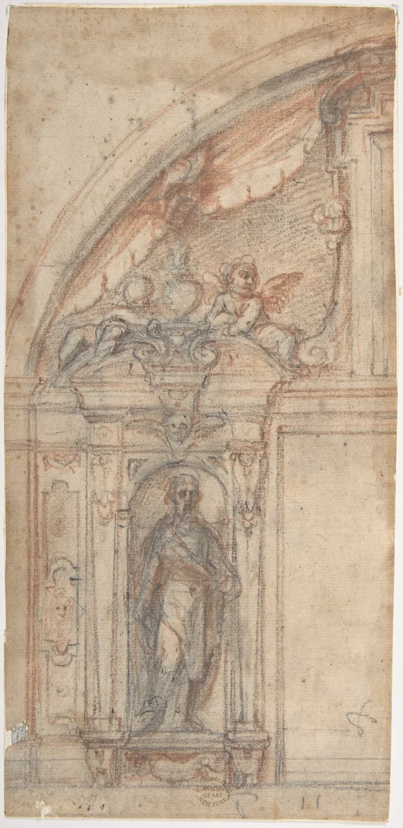 Scheme for an Architectural Decoration with a Standing Male Figure in a Niche by Fabrizio Boschi, drawing, 1572-1642