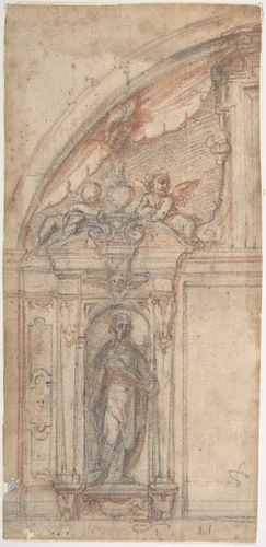 Scheme for an Architectural Decoration with a Standing Male Figure in a Niche by Fabrizio Boschi, drawing, 1572-1642