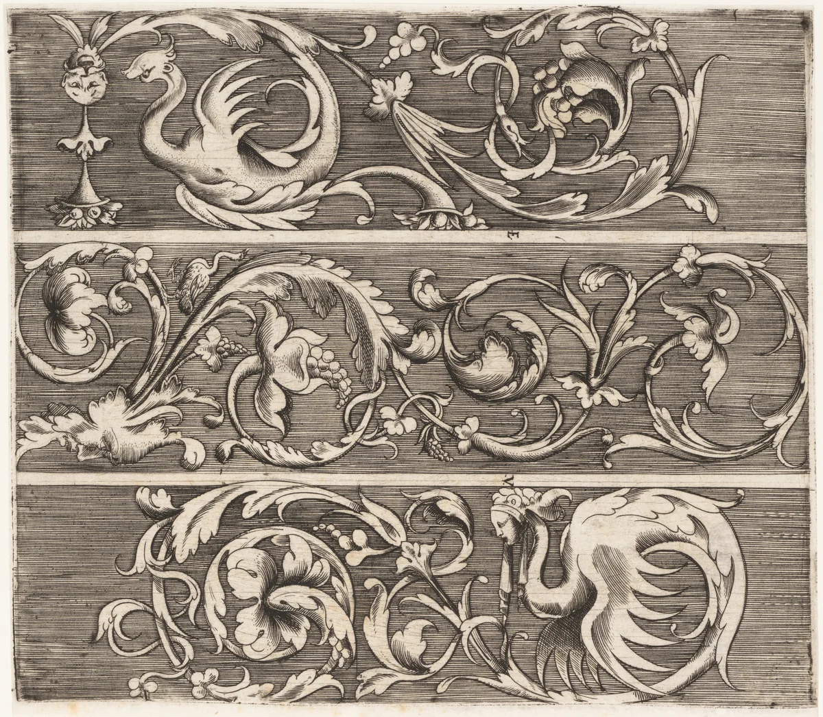 Three Friezes with Ornamental Foliage by Enea Vico, print, 1536-1548