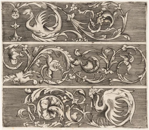 Three Friezes with Ornamental Foliage by Enea Vico, print, 1536-1548