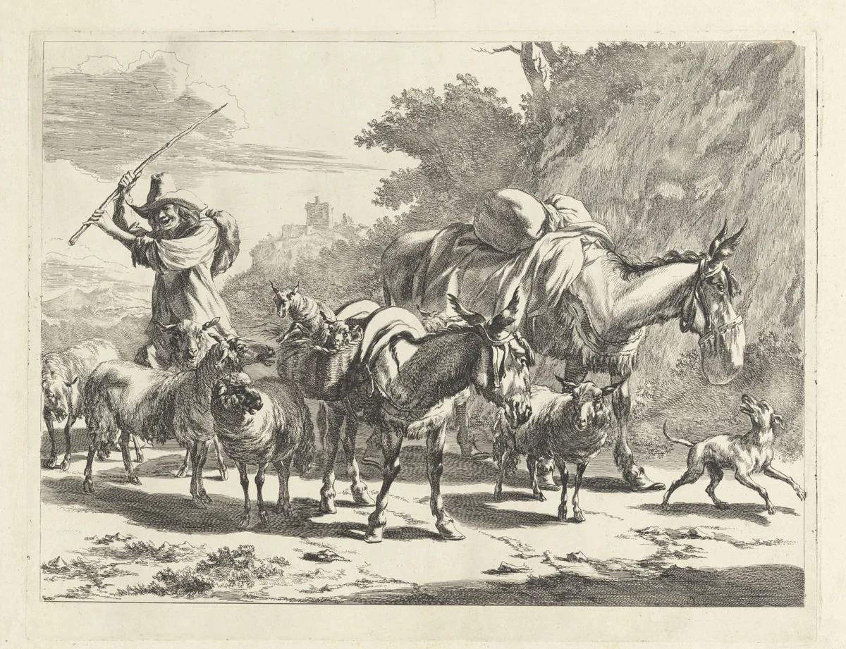 Herder zweept zijn kudde op by Jan de Visscher, print, 1657-1692