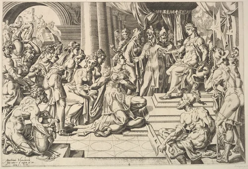 Solomon and the Queen of Sheba by Dirck Volckertsz. Coornhert, print, 1549